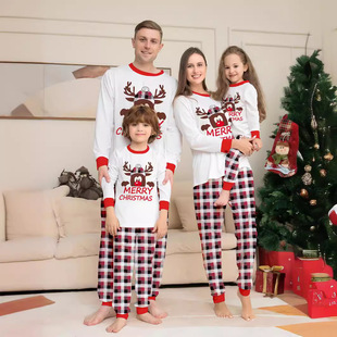 European and American Cross-border Deer Head Letter Printed Christmas Parent-child Clothes Amazon New Plaid Two-piece Long-sleeved Home Clothes