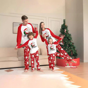 Foreign Trade European and American New Santa Claus Printed Round Neck Raglan Sleeves Red and White Contrasting Color Family Home Wear Pajamas Set