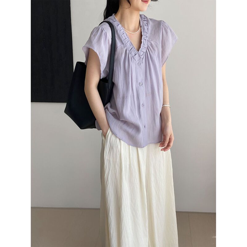 The End of the Whitening and Looks Good! Purple V Neck 100 Ramie Shirt for Women with Lace Flying Sleeves Simple Shirt E2625