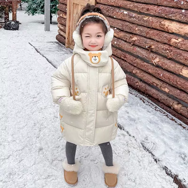 Winter children's long down jacket with down, increased thickness, mid-length, with little bears