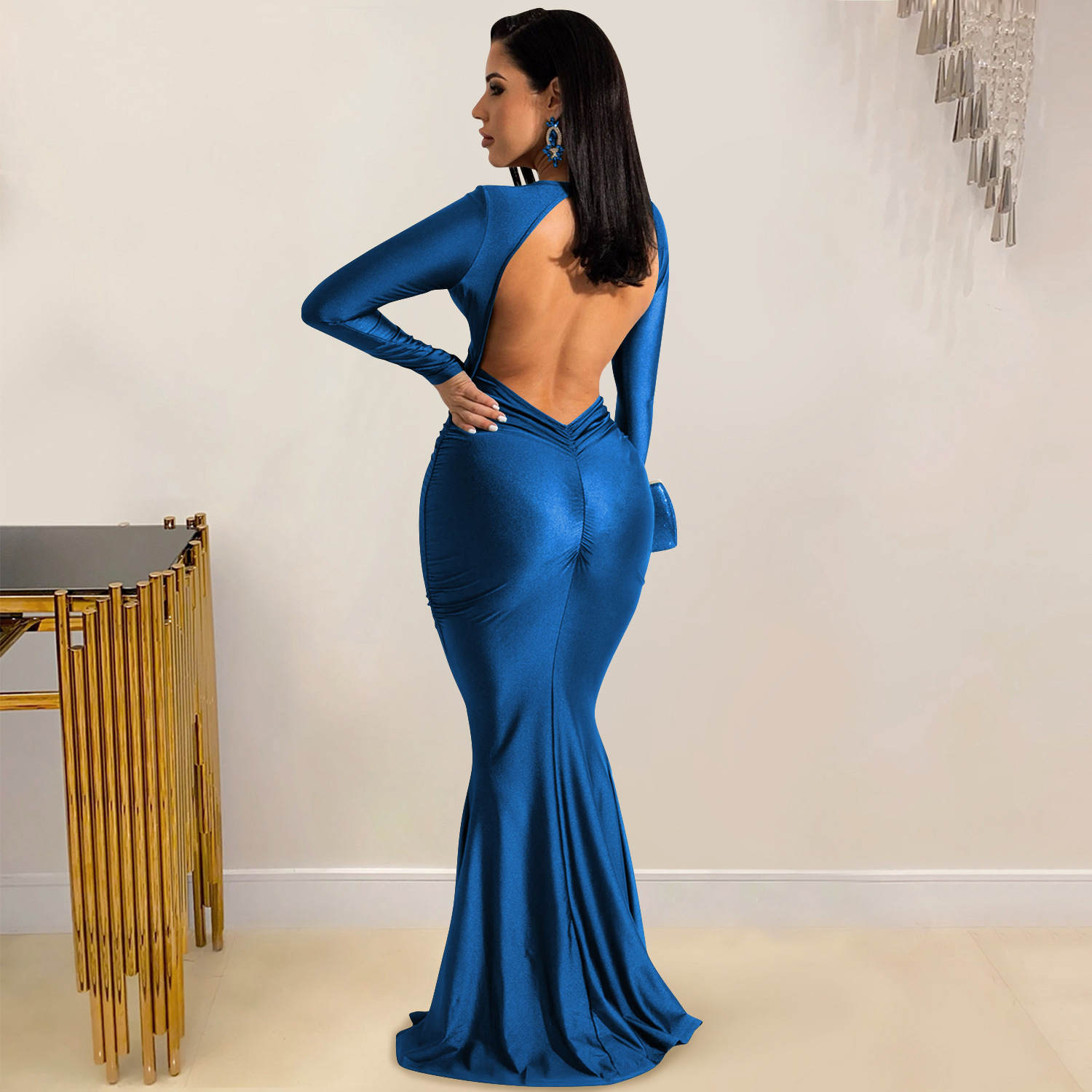 Solid Color V-Neck Long-Sleeved Halter Trailing Prom Dress NSXYZ110902