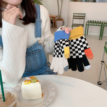 新款韩系针织保暖手套女冬季防寒加厚加绒加长棋盘格条纹触屏全指