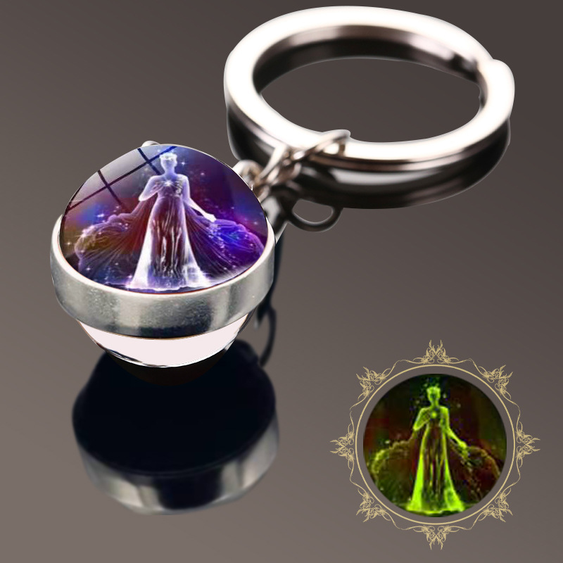 Amazon nuevo luminoso doce constelación tiempo gema de doble cara bola de cristal llavero colgante pequeño regalo