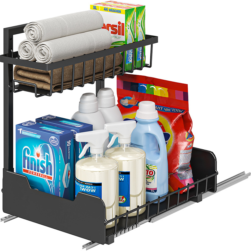 Cocina debajo del fregadero de almacenamiento de estantes tipo cesta de extracción de doble capa para botella de bocadillos condimento y estante de latas de gabinete estante de capas