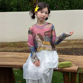 2026夏季韩版童装 女童中大童油画防晒T恤+屁帘裤套装
