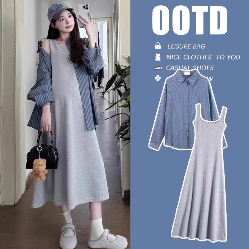 Maternity Summer Dress High-End 2025 New Fashion Striped Shirt Slim Vest Dress Spring and Autumn Petite
