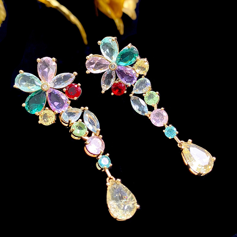 1 Pair Quantity 1 Pair Exaggerated Flower Inlay 925 Sterling Silver Copper Zircon Drop Earrings