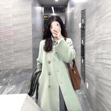 2025秋冬韩系绿色气质立领毛呢外套女中长款单排扣宽松呢子大衣潮