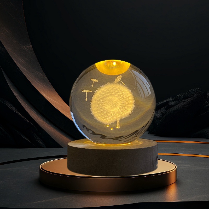 Lámpara de Noche de Cristal con Diseño de Cielo Estrellado 3D, Regalo Navideño, Base Redonda de Madera Luminosa, Lámpara de Mesa, Adorno, Regalo de Navidad