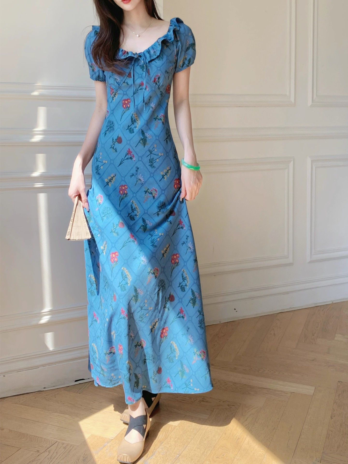 Đầm midi nữ cổ bèo tay ngắn eo thon kiểu Pháp — màu xanh