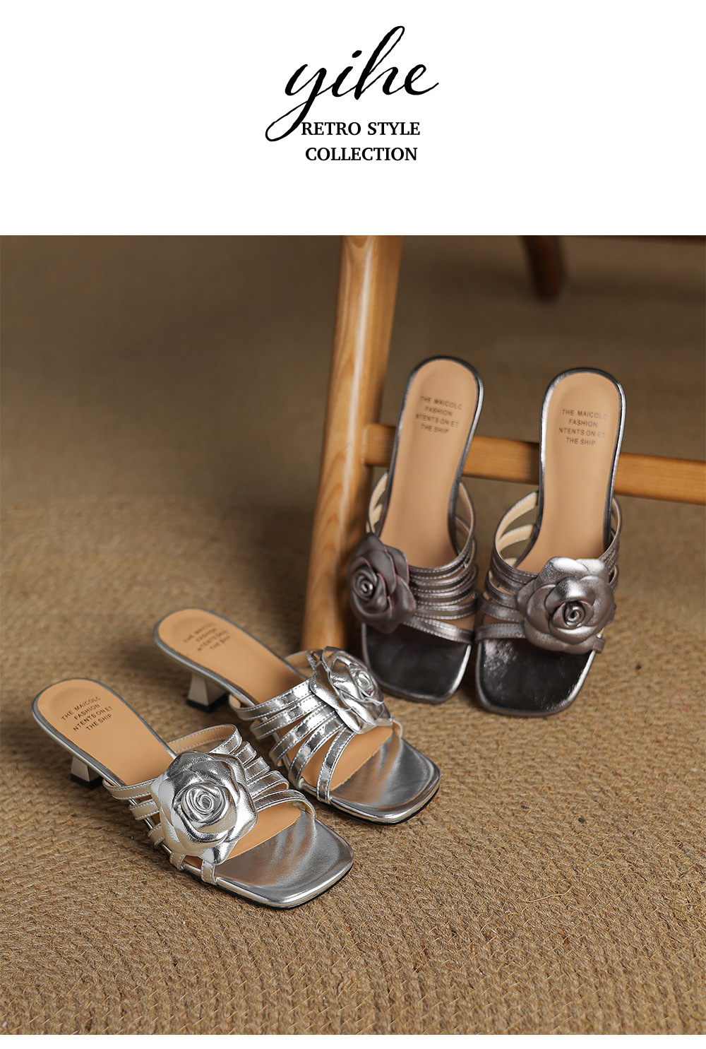 Sandal nữ hở mũi quai chữ nhất gót 5 cm hoa sơn trà thanh lịch — Màu súng chi tiết 13