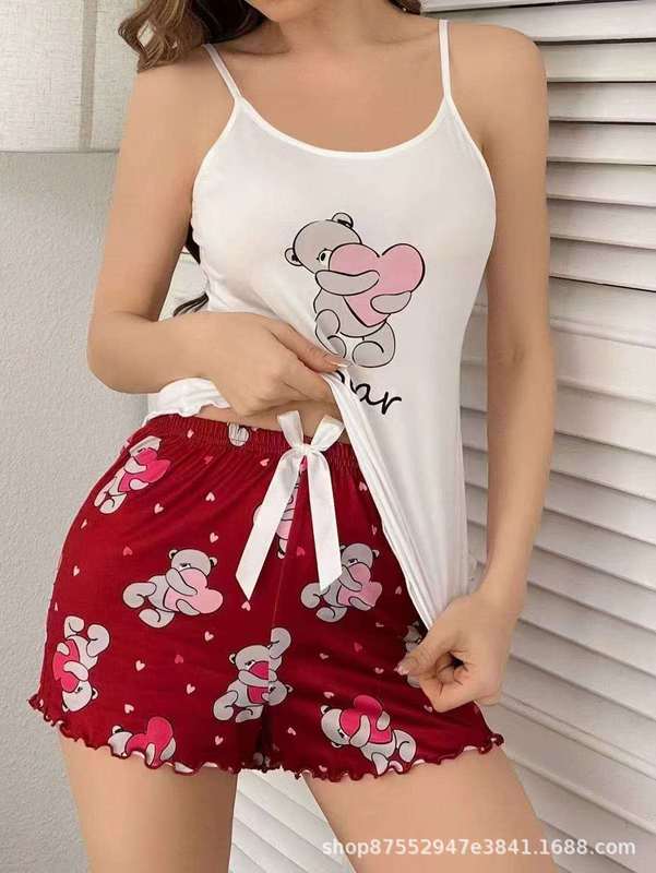 欧美风睡衣女吊带短裤套装跨境亚马逊速卖通卡通爱心家居服两件套|undefined
