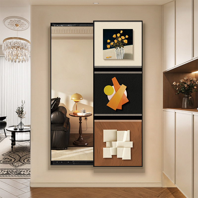 Closeable Push-Pull Full-Length Mirror Decorative Painting, Antique-Style Entrance Invisible Mirror Hanging Painting, Hidden Dressing Mirror Mural