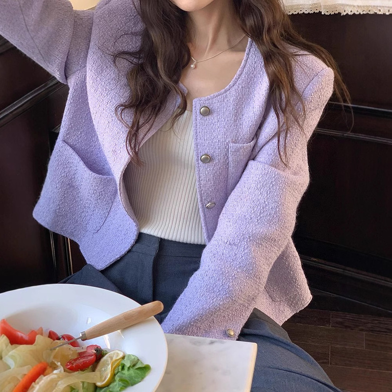 French Purple Chanel Style Coat Women's 2025 Spring and Autumn New Retro High-end Long-sleeved Loose Yellow Top