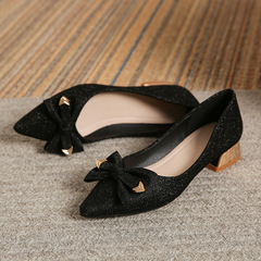 2024春新款晚晚鞋法式粗跟高跟鞋尖頭單鞋女中跟大碼鞋40-43女鞋