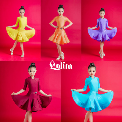 children girls wine yellow orange blue Latin dance dresses kids latin competition dance clothes girls performance examination dresses 