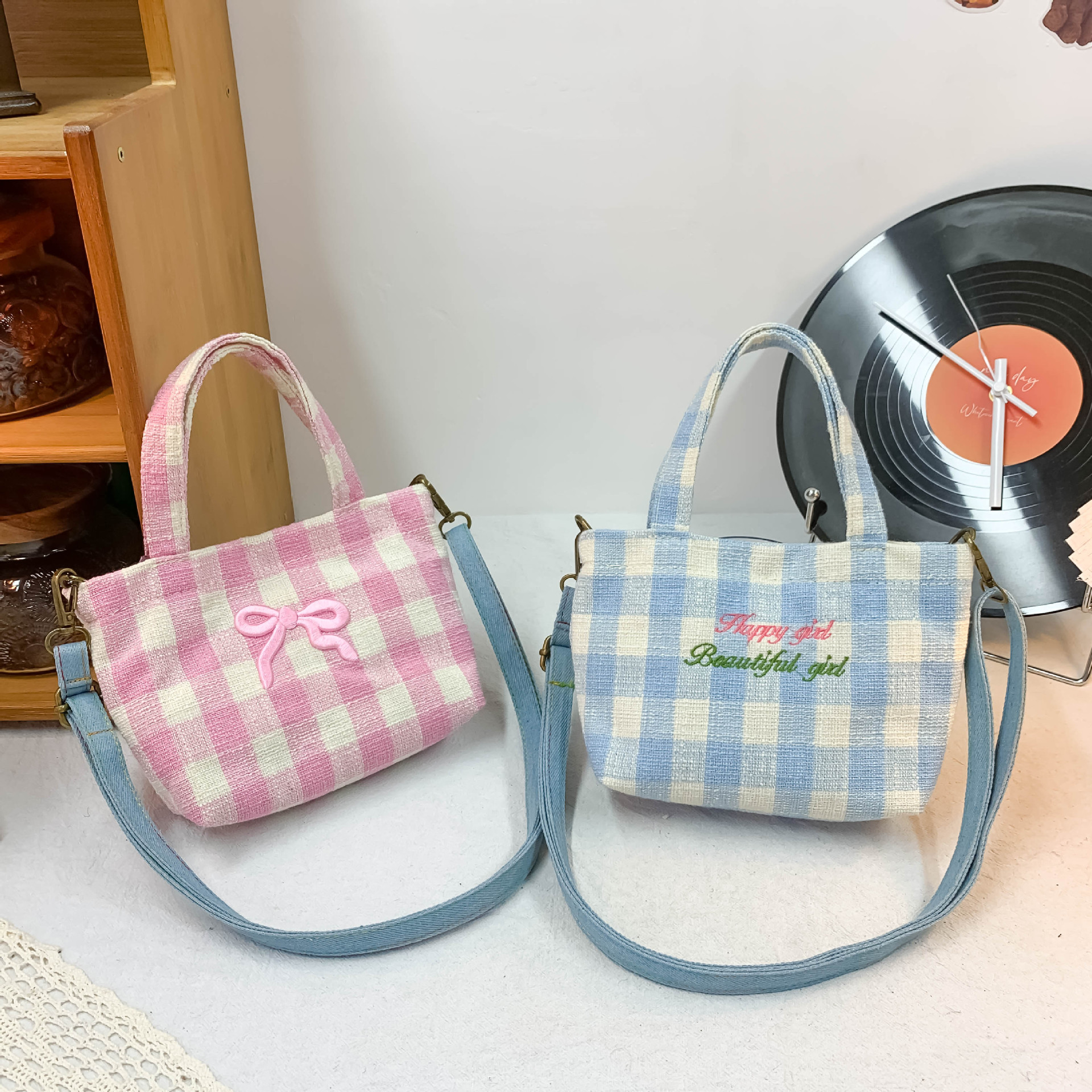 letras extranjeras bolsos de hombro para niños, lona bordada, bolsos de mochila para niños y niñas, bolsos de moda para niños, bolsos de arco a cuadros