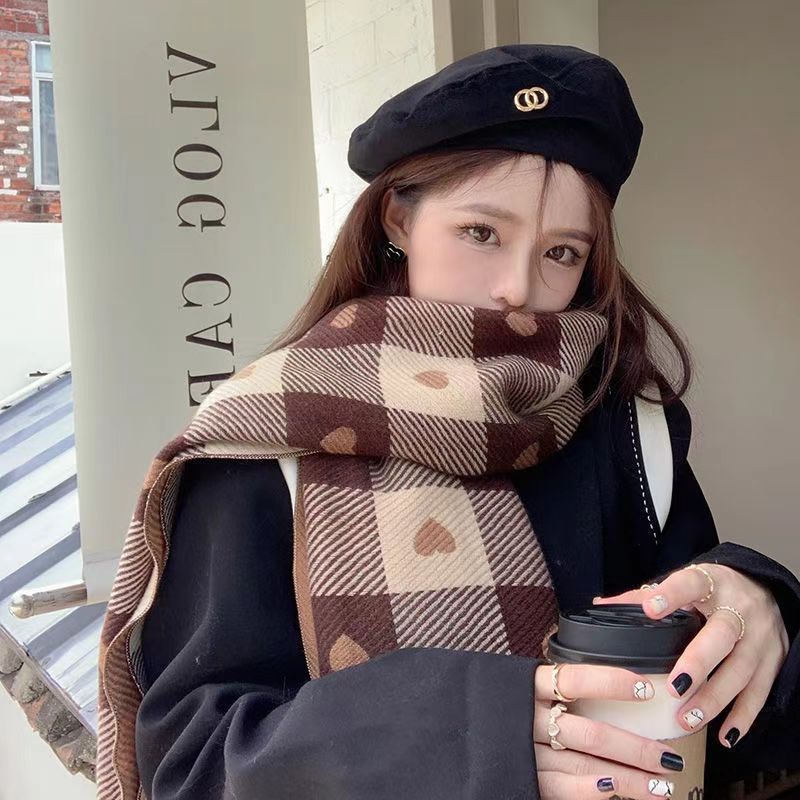 Herbst und Winter Kaschmirimitat Damen doppelseitiger Love Plaid Schal koreanischer Fransen warmer Schal vielseitig verdickter Schal_voghion.com
