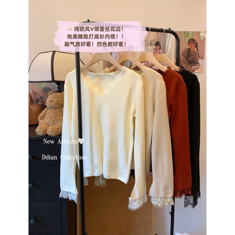 Lace knitted spring brand sweater, V-neckline