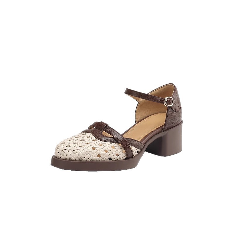 Gran belleza ~ Piel de cordero súper suave ~ Sandalias trenzadas de tacón alto hueco 2025 verano nuevos zapatos de mujer de tacón grueso