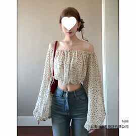 温柔印迹!!【满印波点】甜辣一字肩泡泡袖衬衫女新款露肩短款上衣