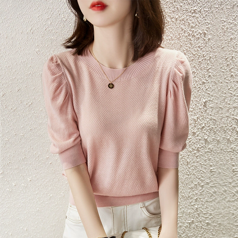 Женская летняя новая 2023 вязаная пузырчатая тонкая футболка с коротким рукавом и воротником, милая однотонная, Свободный Топ с коротким рукавом