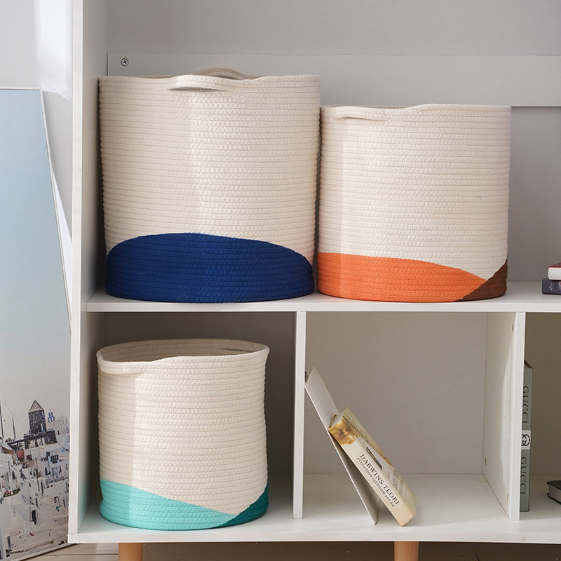 棉绳收纳筐编织收纳篮 大号棉绳储物筐圆筒形 拼色手提脏衣篓