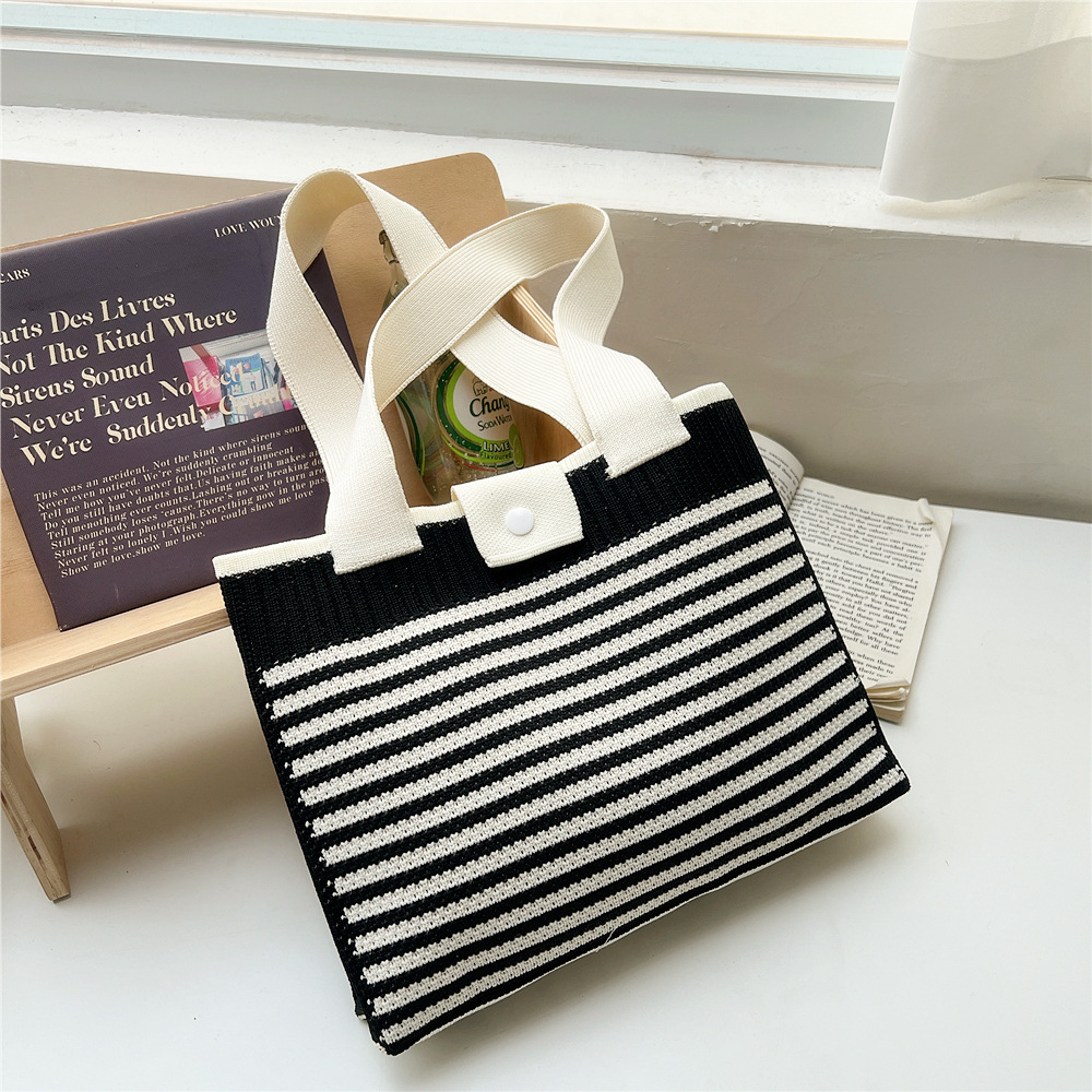 202g Weight Polyester Lining Material Buckle Closure Type Double Shoulder Straps Strap Type Tote Bag Bags Type Daily, Shopping Occasion Knit Material Stripe Pattern All Seasons Season Women's Gender Classic Style Style Medium Size Women's Medium Knit Stripe Classic Style Buckle Tote Bag 5
