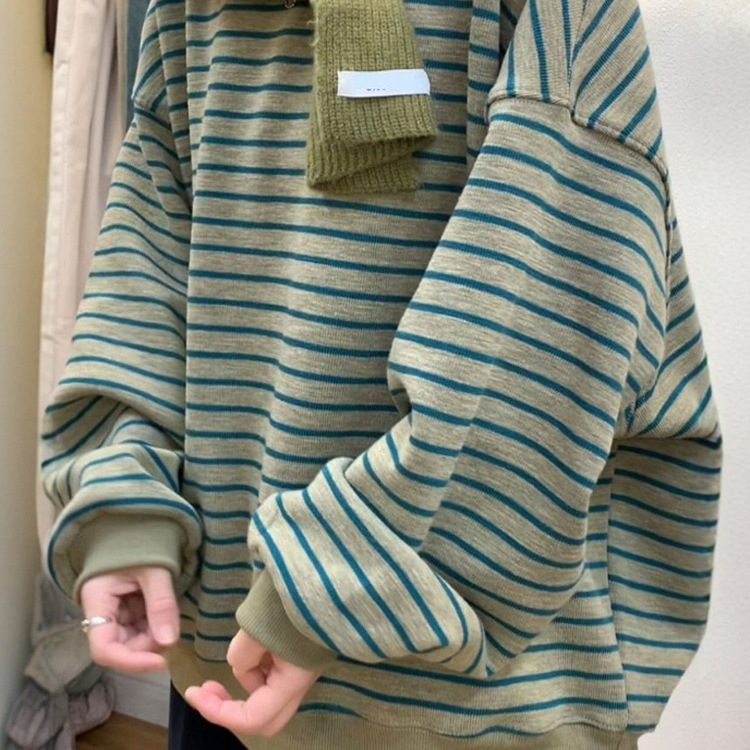 Korean-Style Ins Hooded Striped Fleece Sweatshirt for Women, Autumn and Winter Design, Lazy Oversized, Flattering Versatile Top