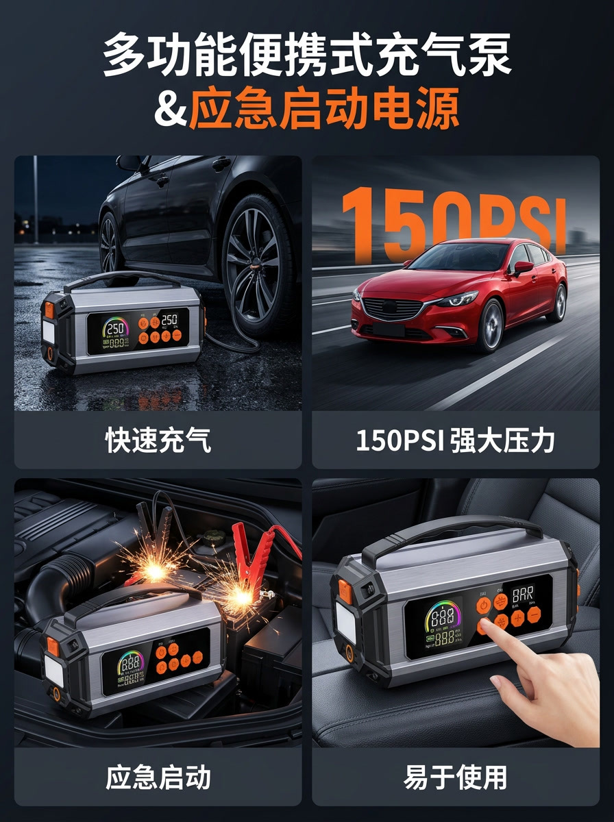 Car Air Pump, Multi-Functional Portable Electric Car Air Pump, Emergency Jump Starter
