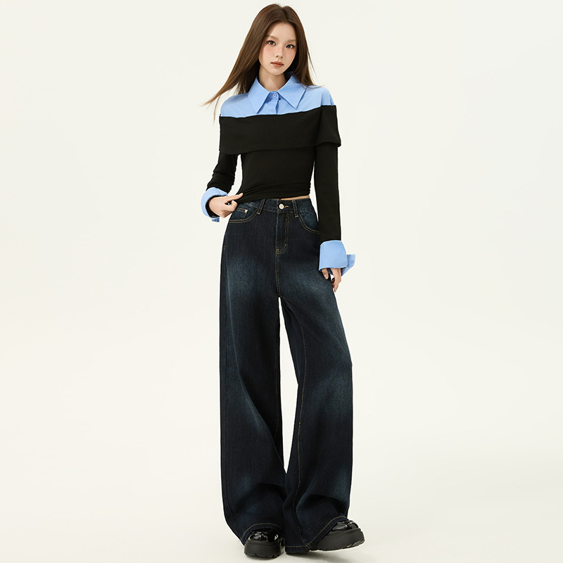 Autumn French-Style Two-Piece Look Contrasting Color Polo Collar Shirt for Women with Design Sense and Rolled Cuffs Slim Fit Top