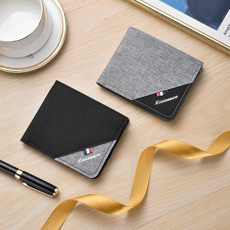 Canvas two-tone wallet for men, short style, 2025 new trendy brand, for young students, personalized, simple, ultra-thin, foldable card holder