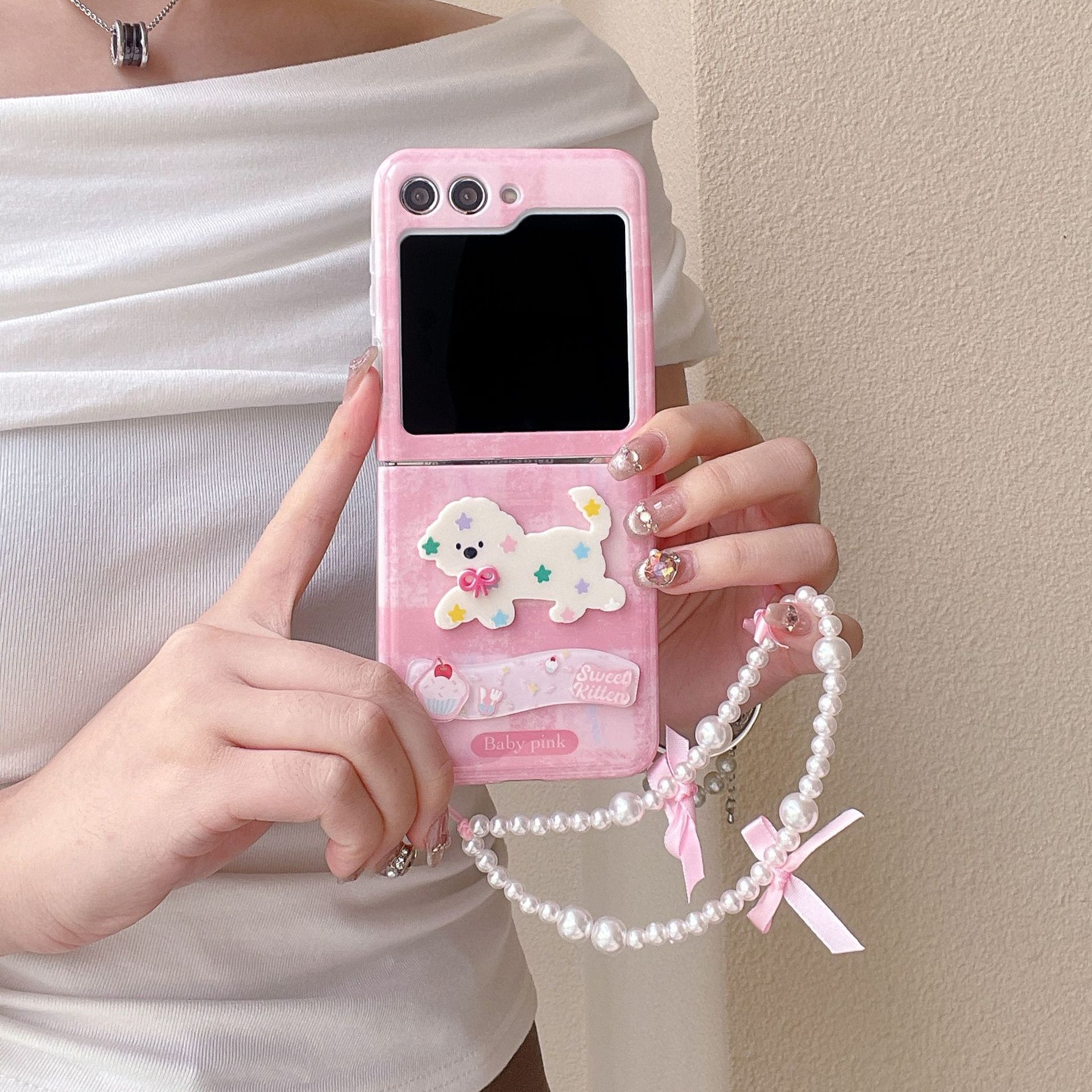 适用于三星zflip5手机壳4粉格纹立体3勺子猫咪蛋糕小狗ZFLIP挂绳