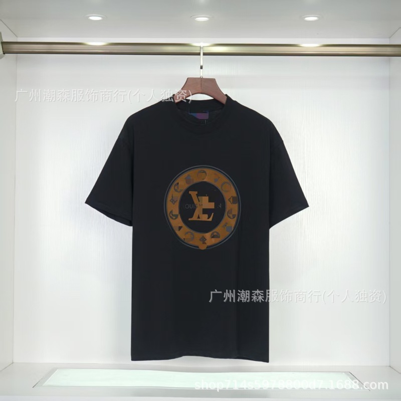 现货跨境奢潮驴家高品质L满印字母短袖外贸经典款圆领男女宽松T恤|undefined