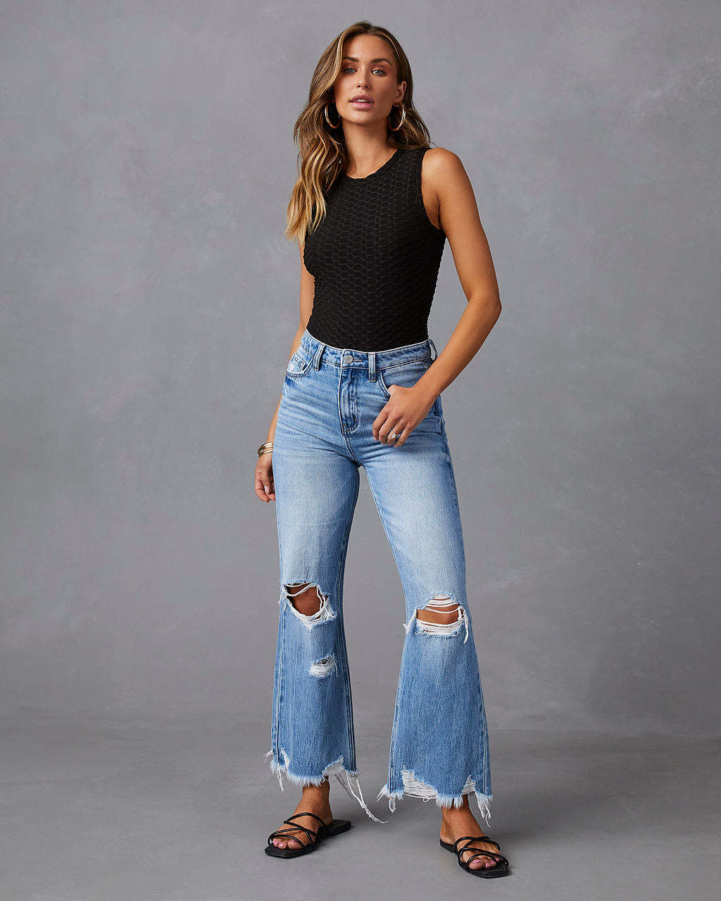 Women's Daily Basic Streetwear Solid Color Full Length Ripped Flared Pants Jeans display picture 1