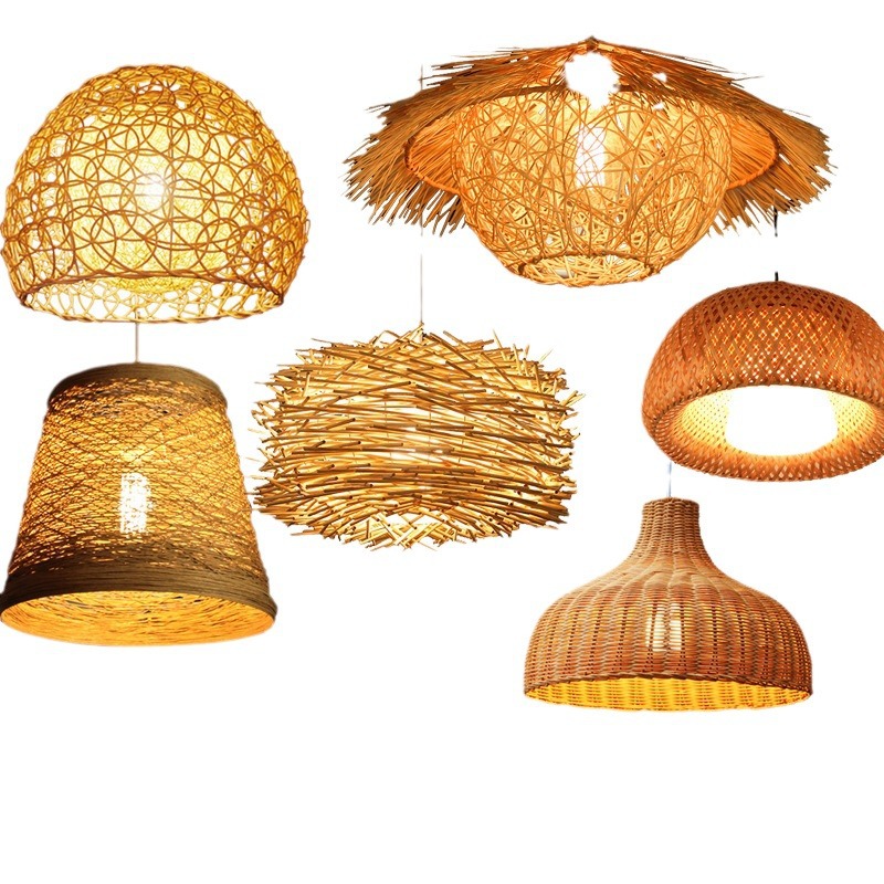 Lámpara de vidano redonda nido de pájaros casa sombrero de paja lámpara de bambú trenzado idílico estilo japonés retro balcón lámpara de restaurante