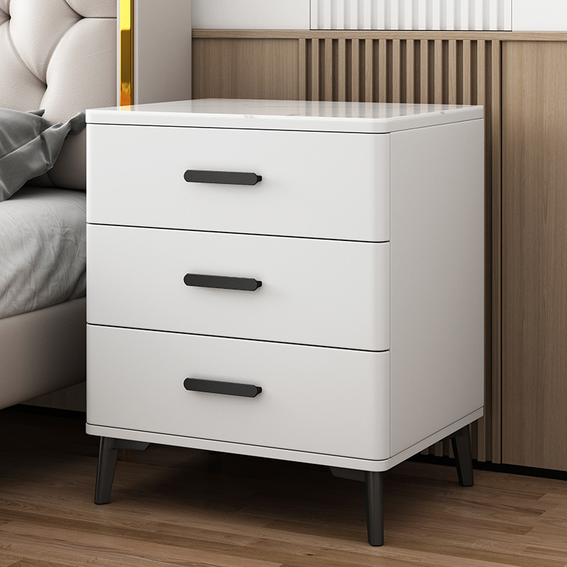 Mesita de noche con tres cajones de madera maciza, tablero de roca, estilo moderno y sencillo, gabinete elevado de tres niveles, gabinete de almacenamiento para dormitorio principal, acabado lacado.