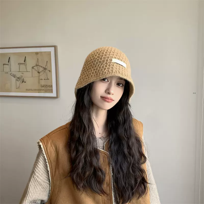 纯色韩国2024年新款秋冬羊羔毛绒保暖加厚渔夫帽显脸小圆顶水桶帽