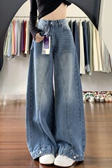 复古做旧拼接弯刀阔腿牛仔裤女小个子高腰宽松显瘦直筒裤休闲长裤