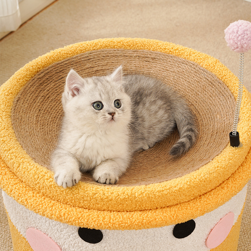 麻のバケツの猫のつかみ板の巣は一体の桶の形の猫の棚に登ります。|undefined