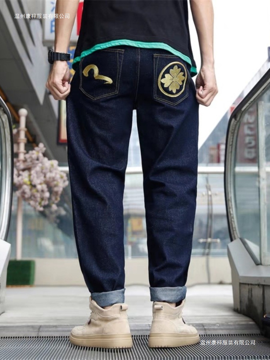 潮男摩凌福神牛仔裤男款高版本宽松刺绣休闲直筒潮大码牛仔裤