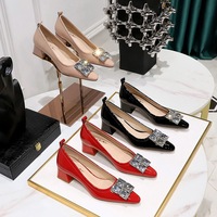 1235-K58 Korean Fashion Banquet Women's Shoes Thick Heel Middle Heel Lacquered Leather Shallow Mouth Small Pointed Square Water Diamond Buckle Single Shoe