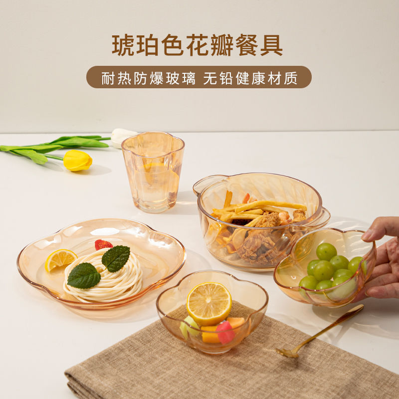 Internet Celebrity Glass Tableware Set Thickened Binaural Pot Salad Bowl High-end Western Food Plate Household Soup Bowl Heat-resistant Anti-scalding