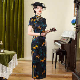 高端真丝旗袍桑蚕丝长款复古气质优雅黑色夏季传统中国风连衣裙