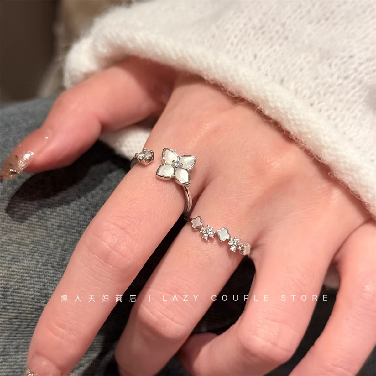 Elegant and Luxurious Silver Four-Leaf Clover Mother-Of-Pearl Ring for Women, Niche Design, Exquisite Open Stackable Ring, 2026 Trend 4