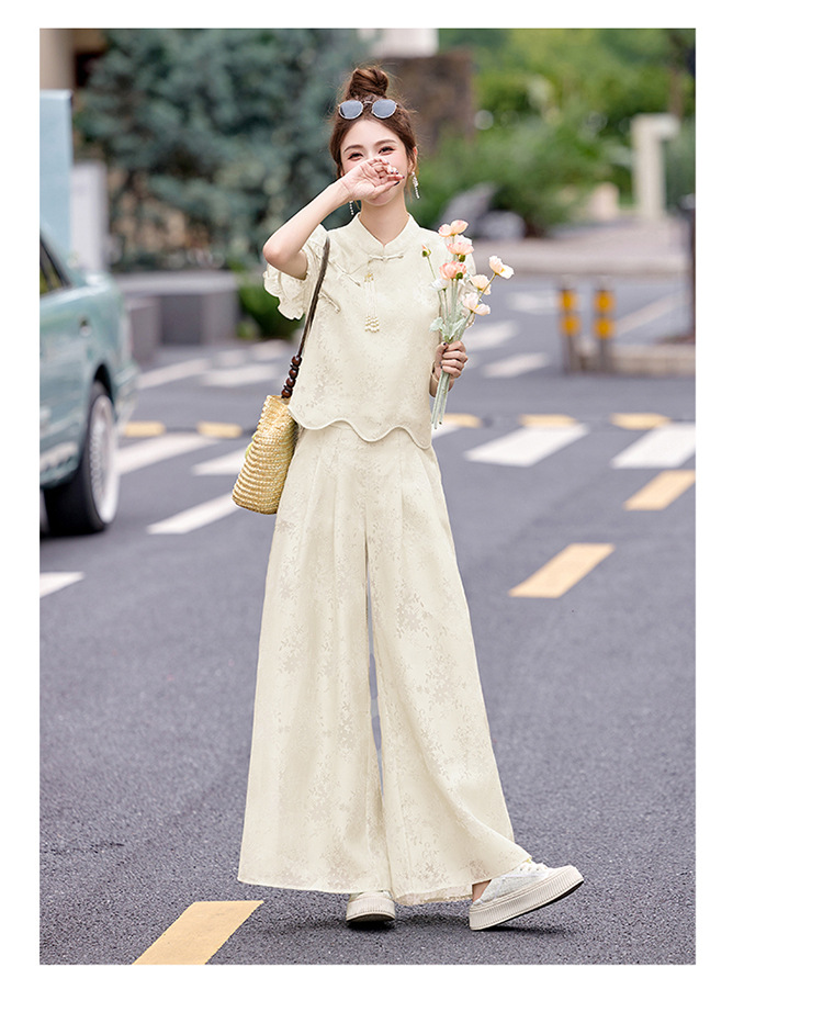 Bộ váy hai mảnh tay ngắn phong cách Trung Hoa cổ điển họa tiết jacquard mùa hè 2025 — Màu vàng be, Màu xanh lá chi tiết 31
