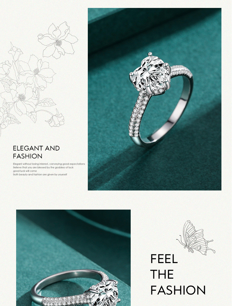 6g Weight 0.03µm Gold Plating Thickness Electroplating Gold Plating Process Rhodium Plated Plating Material 1 Piece Silver Heart Shape Zircon Rings