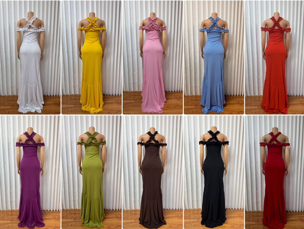 New Women's Multi Colored Mesh Lace Off Shoulder Fishtail Maxi Dress Slim Fit Pleated Design Party Evening Dress_ecoleips.com