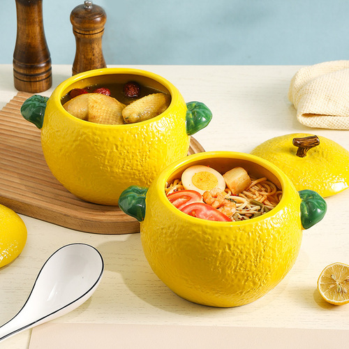 Lemon new ceramic soup bowl with lid, large capacity soup pot, household large-sized double-handled soup pot, noodle bowl, screw noodles bowl