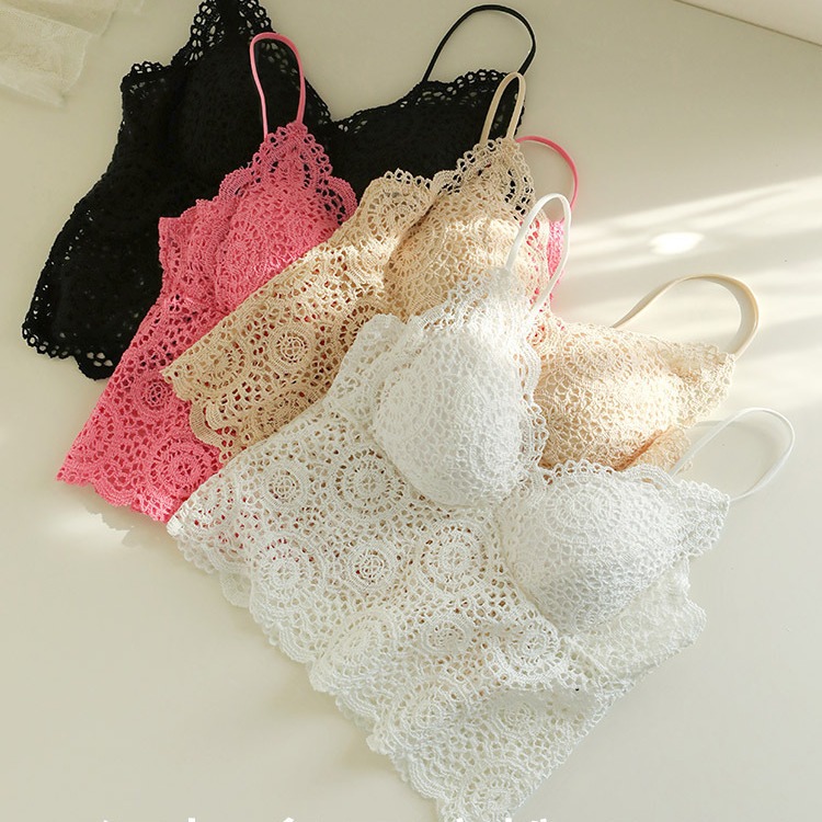 8729 French Light Luxury Encaje sexy Deep V Medio Sling Encaje Ropa interior Chaleco Mujer Sujetador sin cuello en V Mujer